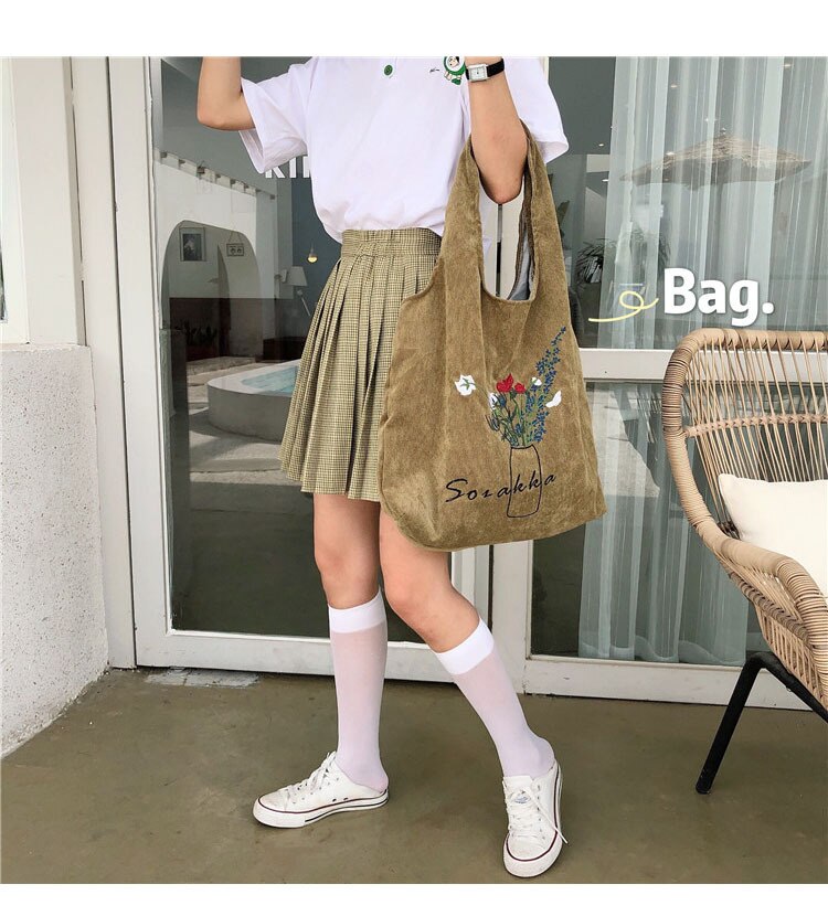 Vrouwen Borduren Canvas Boodschappentassen Dame Corduroy Schoudertas Grote Capaciteit Eco Katoenen Doek Handtas Tote