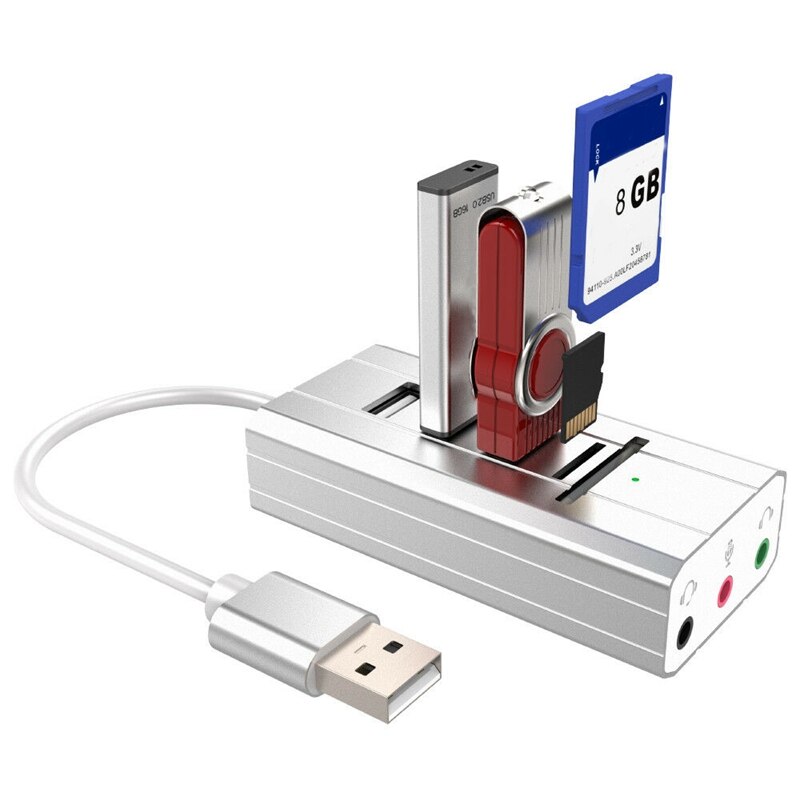 Externe 3.5mm o usb 2.0 geluidskaart met 3 poorts usb hub tf/sd kaartlezer adapter draadkabel