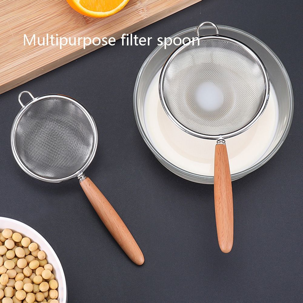 Wooden Grain Handle Stainless Steel Colander Multi-function Filter Mesh Sieve Heat Insulation Oil Grid Pot Spoon Flour Sieve