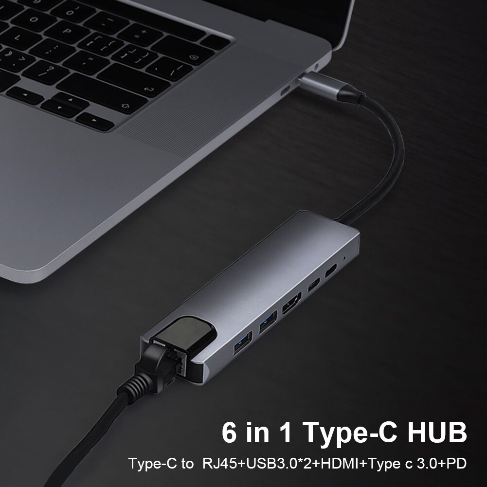 6 In 1 USB-C Hub Type C 3.0 + X2USB 3.0 4K + Hdmi-Compatibel + Type-C 100W + Pd RJ45 Adapter Voor Laptop Intelligente Uitbreiding Dock