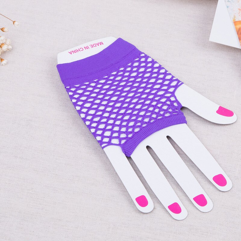 Korte mesh visnet handschoenen sexy vingerloze gothic vrijgezellenfeest punk disco dans kostuum zwarte kleur cosplay handschoenen goedkoop: Paars