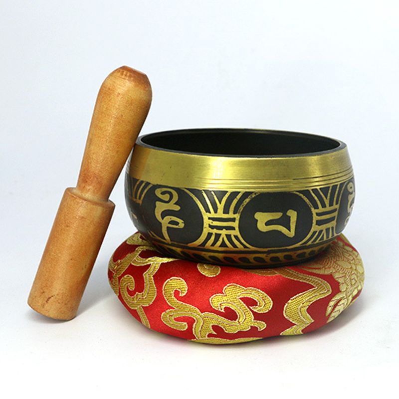 Ensemble de bols chantants tibétains antiques à l'esprit silencieux avec maillet à double surface et coussin en soie favorisant la guérison des chakras de la paix
