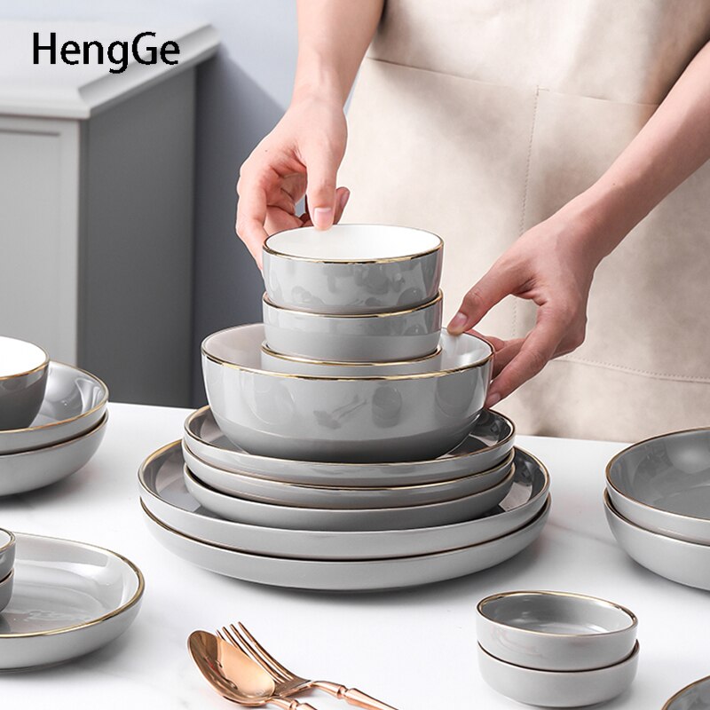 Light Luxury Ceramic Plate Smoke Gray Golden Rim Dinner Plates Dessert Dish Soup Bowl Dinning Room Western Tableware Set