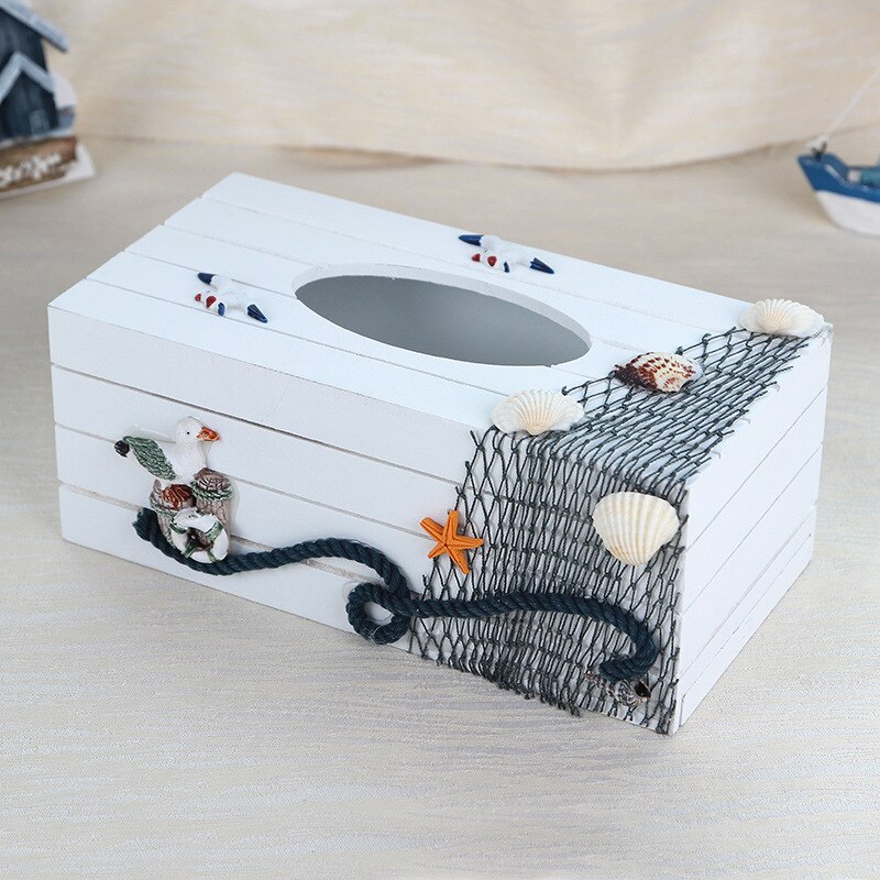 Mediterranean style wooden tissue box Blue ocean Beach marine shell decorative tissue box