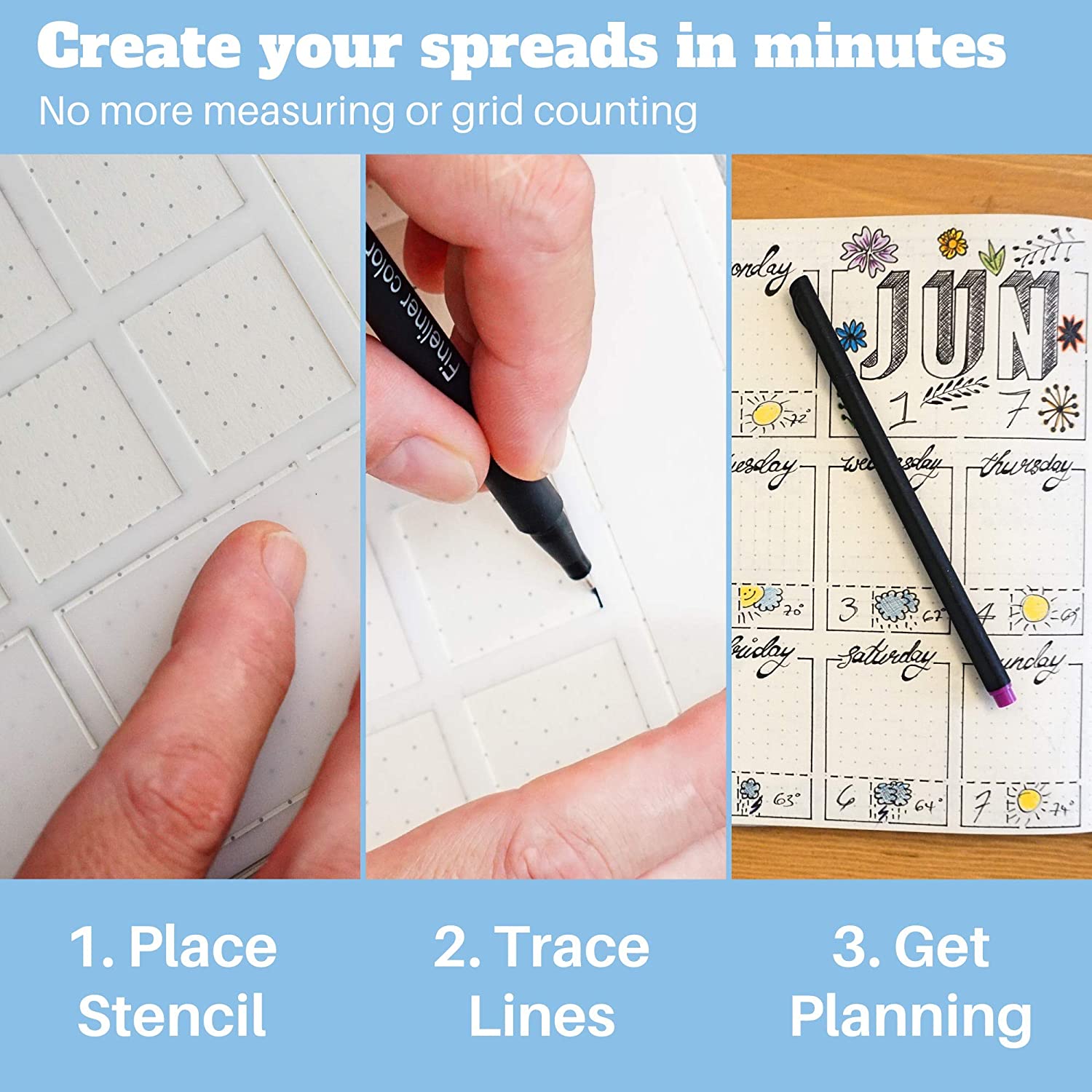 6Pack Reusable Monthly Layouts Speedy Spreads Journal Stencils for A5 Bullet Dot Grid Notebook, Save Time on Full-Page