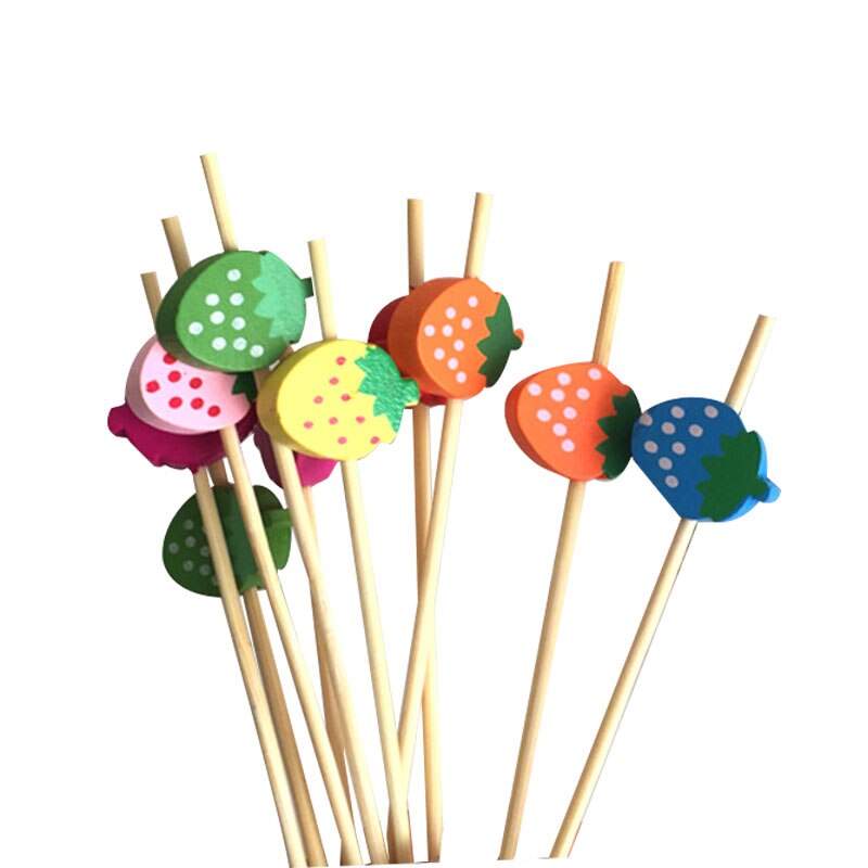 100 stk 12cm jordbærformede fruktspyd bambusspyd cocktail dessert gaffel tre frukt forrett tannpirker perle frukt