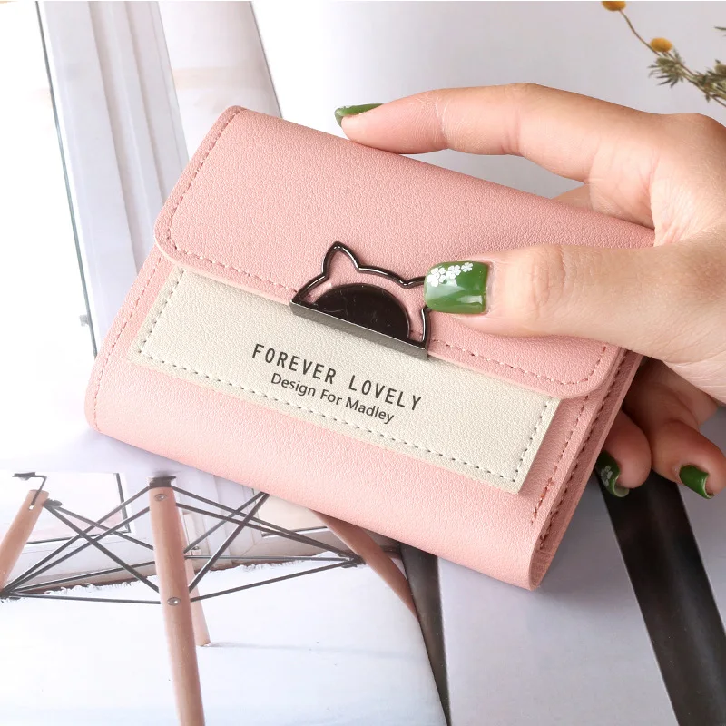 Cartera pequeña con orejas de gato para mujer, minibilletera bonita con único, monedero pequeño con hebilla de Metal contrastante, monedero portátil,: Rosa