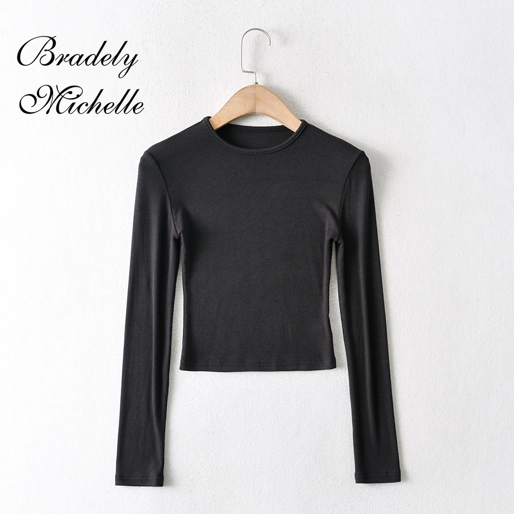 O-hals ensfarvede kvinder langærmede korte toppe sexet pullover bundbluser t-shirt crop top