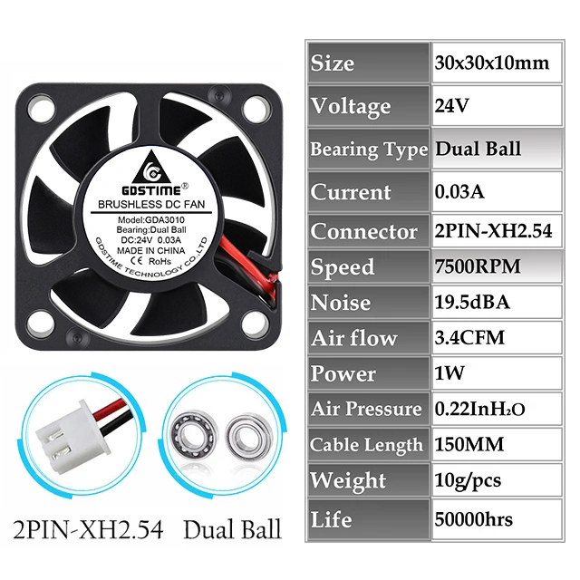 2 stks Gdstime DC 24 V Fan 30 MM x 10 MM Dual Kogellager Borstelloze Auto Lamp Koelventilator 30mm Micro fan 3010 Audio Koelventilator: Goud