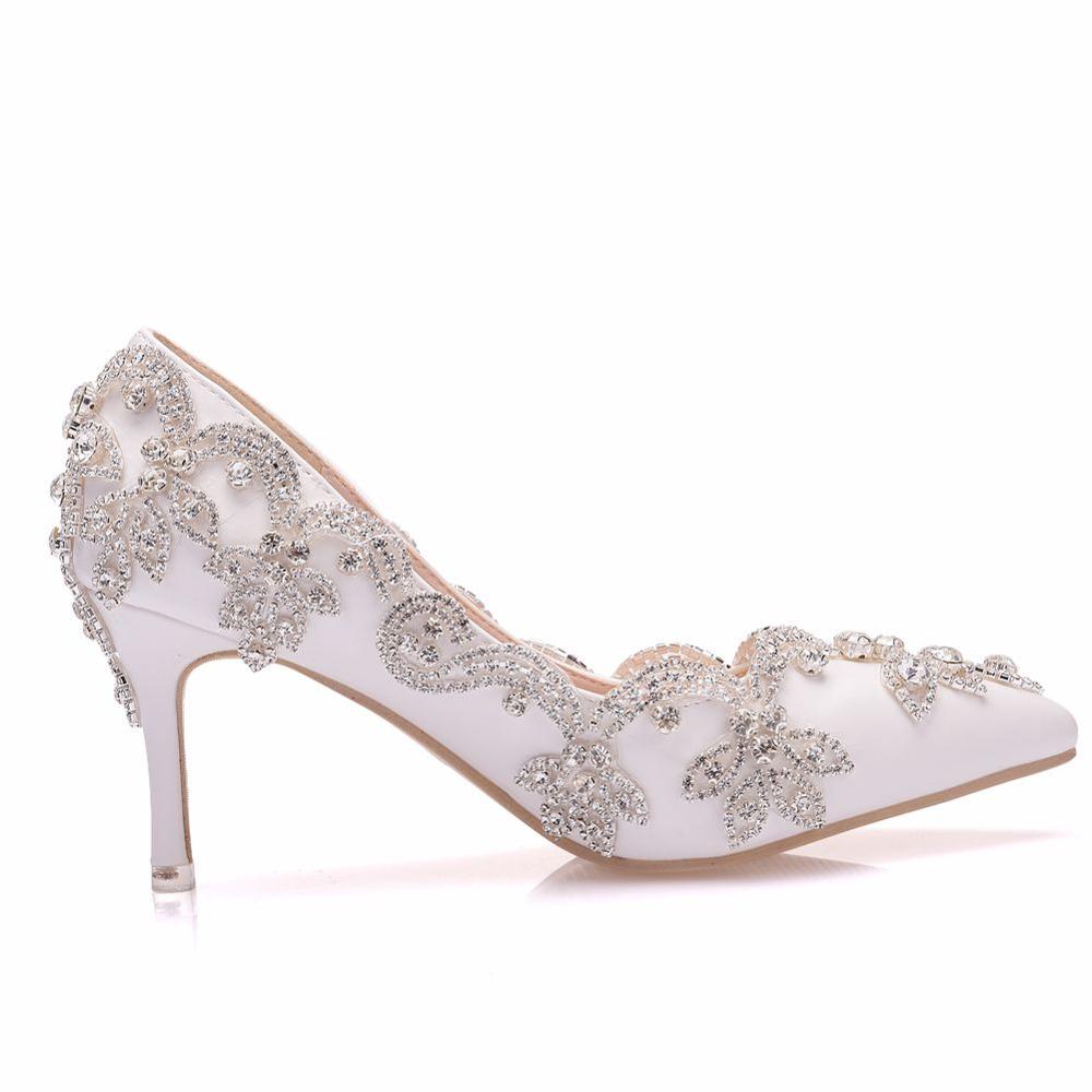 Crystal Queen Vrouwen Schoenen Hoge Hakken Bruiloft Dunne 7CM Hakken Witte Diamant Glinsterende Avondjurk Bruid Schoenen Kristal Pompen