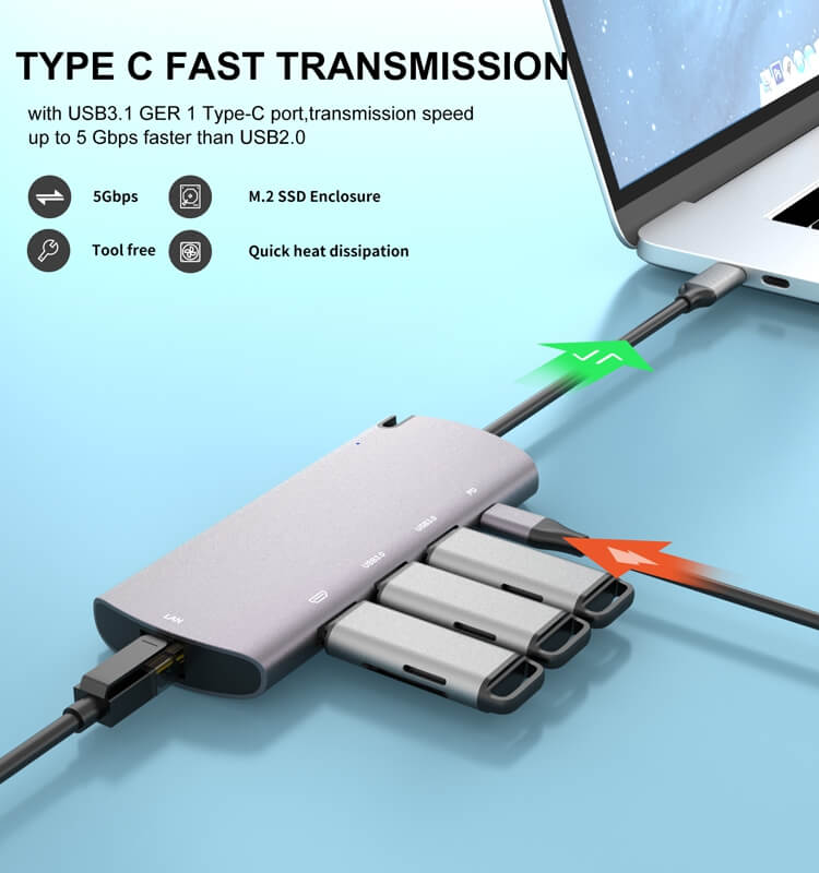 Station d'accueil disque dur USB C avec M.2 NGFF, Station d'accueil type-c vers SSD, 3.0 W PD 4K HDMI RJ45 Ethernet, pour MacBook Pro