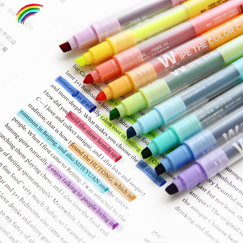 10 stk/sett søt highlighter dobbelthode fluorescerende penn slettbar mildliner tusj kawaii farge tusj penn