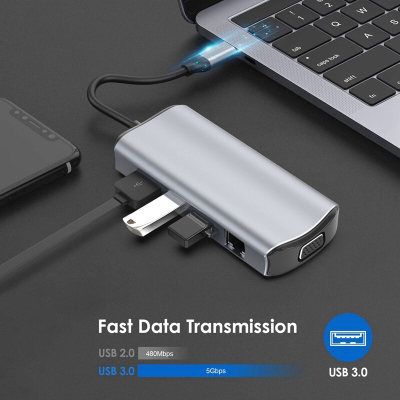 HUB 11-In-1 Docking Station with USB 3.0 PD SD TF HDMI RJ45 o VGA Ports for and USB C Laptops Phone