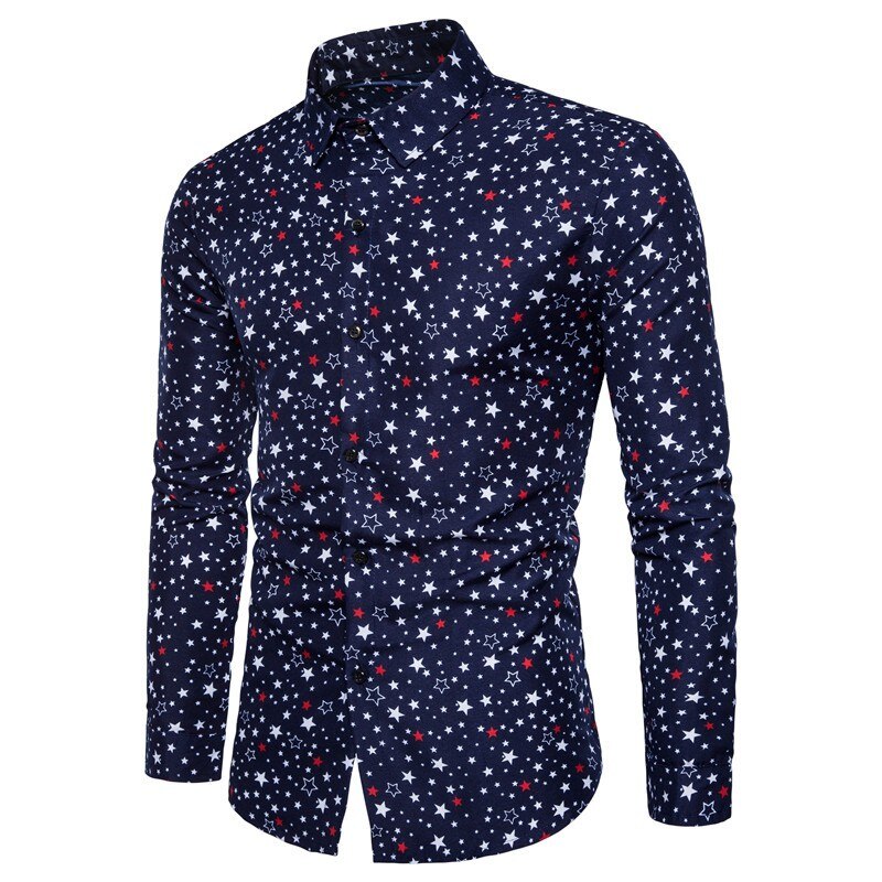 Skjorte med stjerner med print til mænd afslappet herretøj koreansk streetwear langærmede slim fit skjorter hvide top skjorter til mænd  mb14: Flåde / S