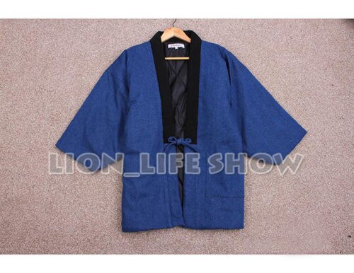 Japanese Men Women Hanten Winter Warm Wadded Cotton Kimono Haori Coat Outterwear: Denim blue