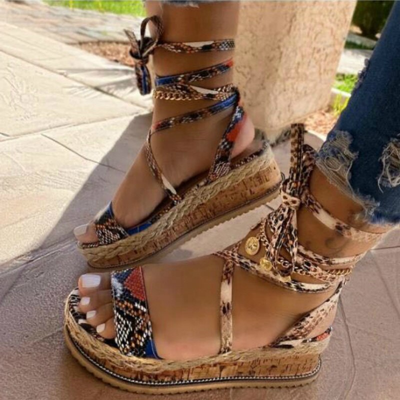 Été femmes serpent sandales plate-forme talons croix sangle cheville dentelle Peep orteil plage fête dames chaussures Zapatos De Mujer: Snake / 35