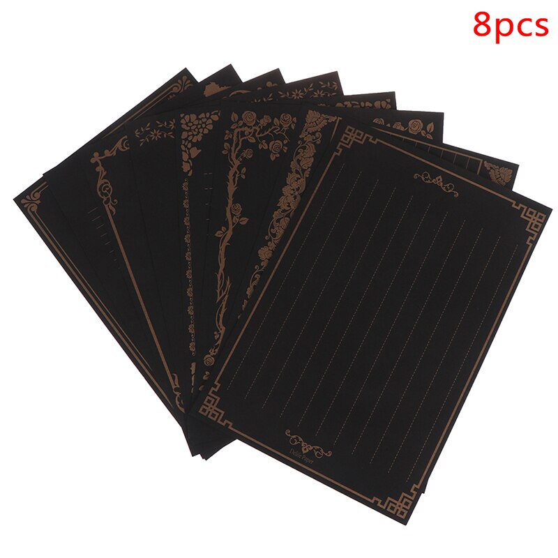 8 Sheets Letter Paper Vintage Flower Letterhead Letter Kraft Brown Writing Paper Letter Pad Drawing Sketch Pad Stationery: Black