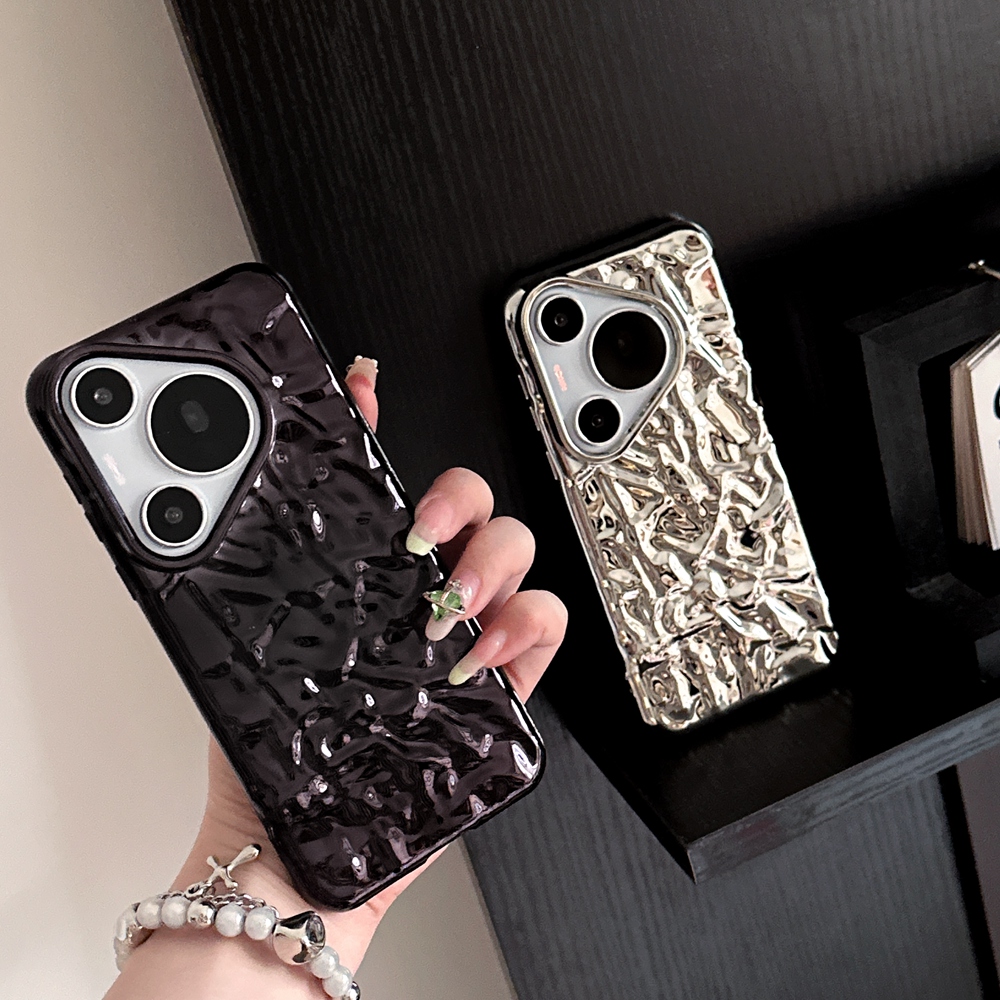Coque de téléphone souple à plis 3D, étui noir brillant argenté pour Huawei P20 P30 P40 P50 P60 Mate 30 40 50 60 70 Pro Pura 70 80 Pro Plus