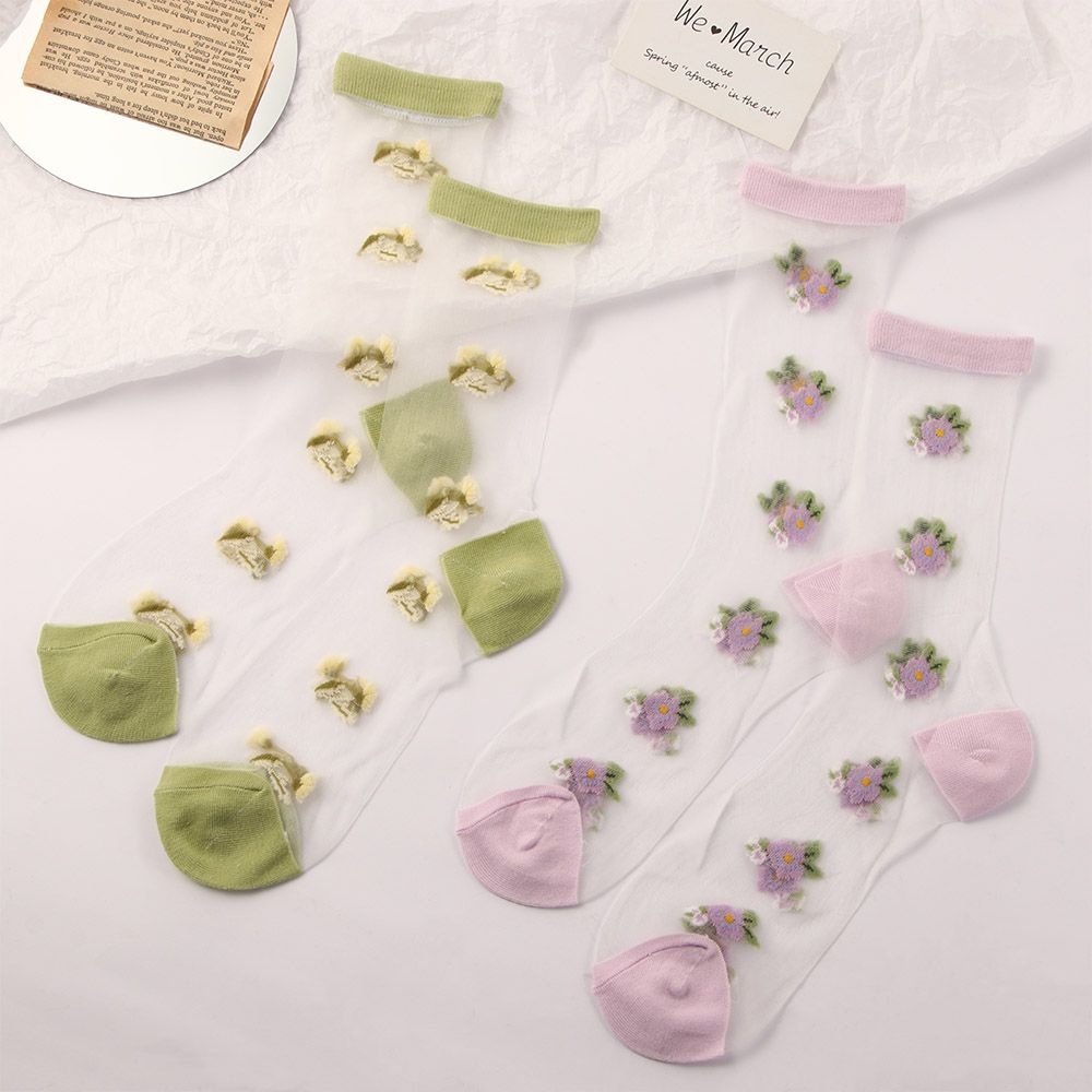 Ventilerande bomull sommar söt söt blomma strumpor nylon genomskinliga strumpor glas siden strumpor