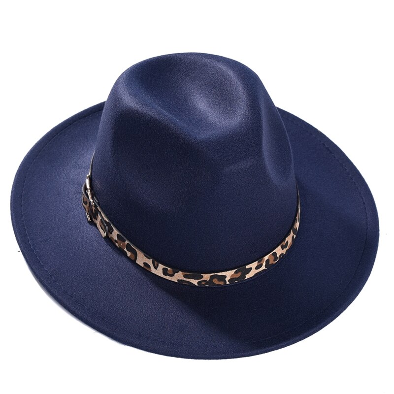 Imixlot Neue retro Frauen Männer Breite Krempe Jazz Kappe Ich bin Freien Einfache Kirche Derby oben Hütte mit Leopard Gürtel Hüte: E