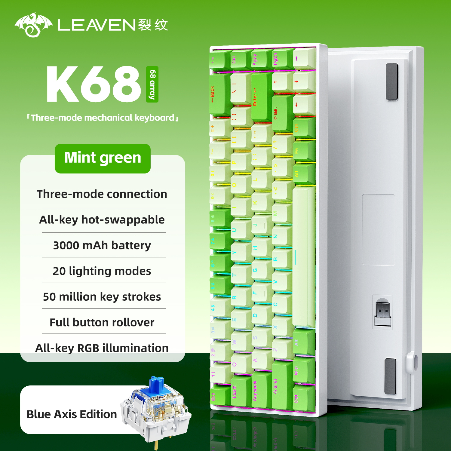 K68 68-toetsen draadloos mechanisch toetsenbord Tri-mode-verbinding, Full Key Swap, RGB-lichteffecten, pakkingdemperstructuur, L: Olive / Rode schakelaar