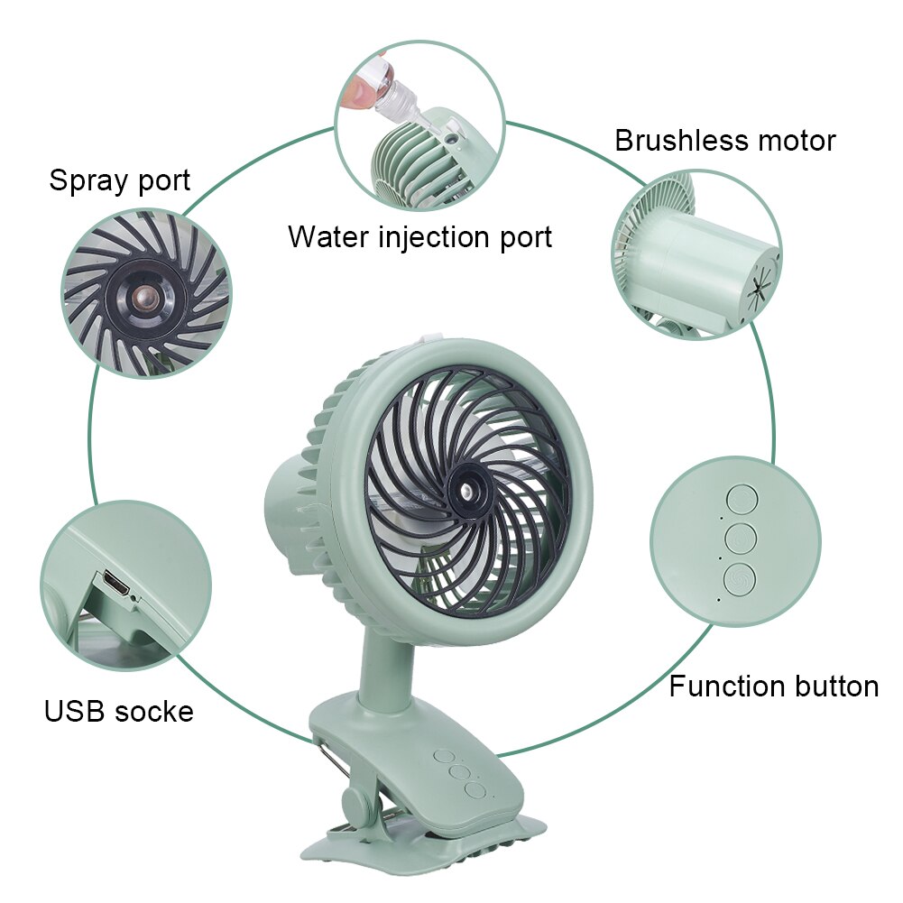 Mini Cooling Air Fan Humidifying Sprayable Fans Portable Shaking Head Desktop Fan With Clip Built-in Battery