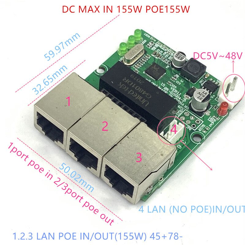 Odwrotnej mocy dostaw przełącznik POE POE W/na zewnątrz5V/12V/24V/48V 155W/3 = 51.67W 100 mb/s 802.3w 45 + 78- DC5V ~ 48V odległość serii życie POE