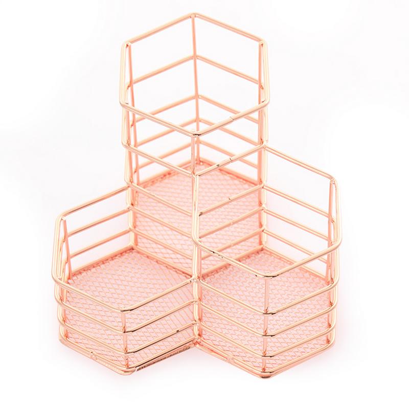 Makeup Brush Holder Hexagon Vase Metal Mesh Basket Desk Organizer Wire Golden Pen Pencil Hollow Holder Beauty Makeup Kit: Rose Gold