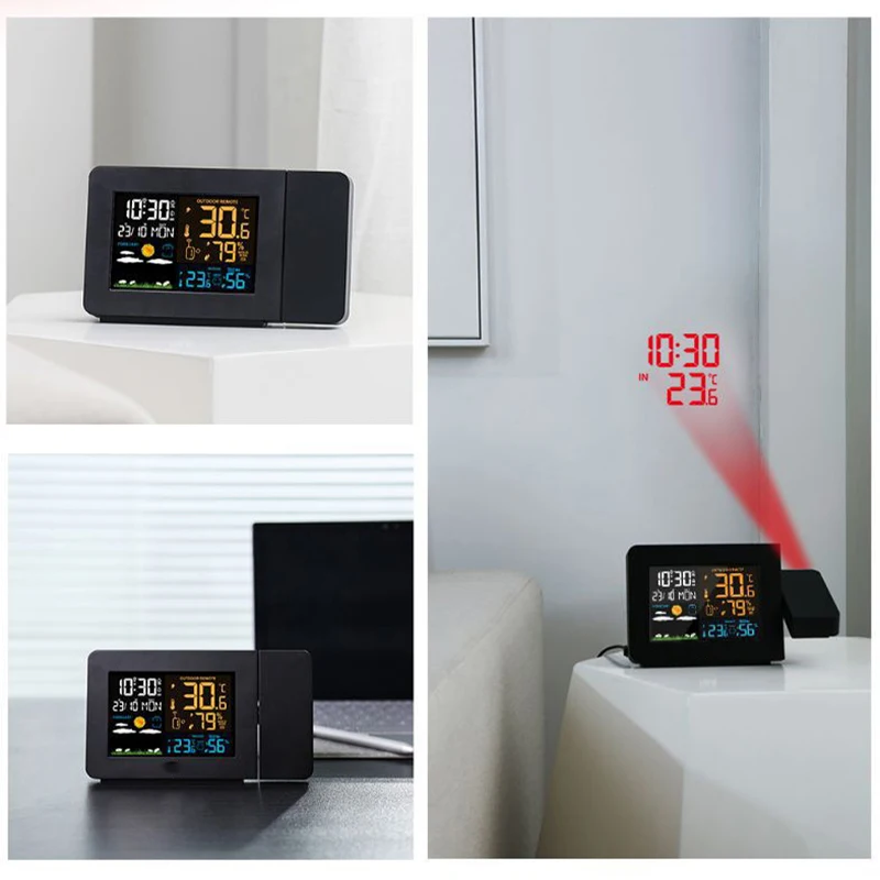 Elektronische Projektionsuhr, Wetterstation, Wettervorhersage, Temperatur und Luftfeuchtigkeit, Farbbildschirm, digitaler Wecker