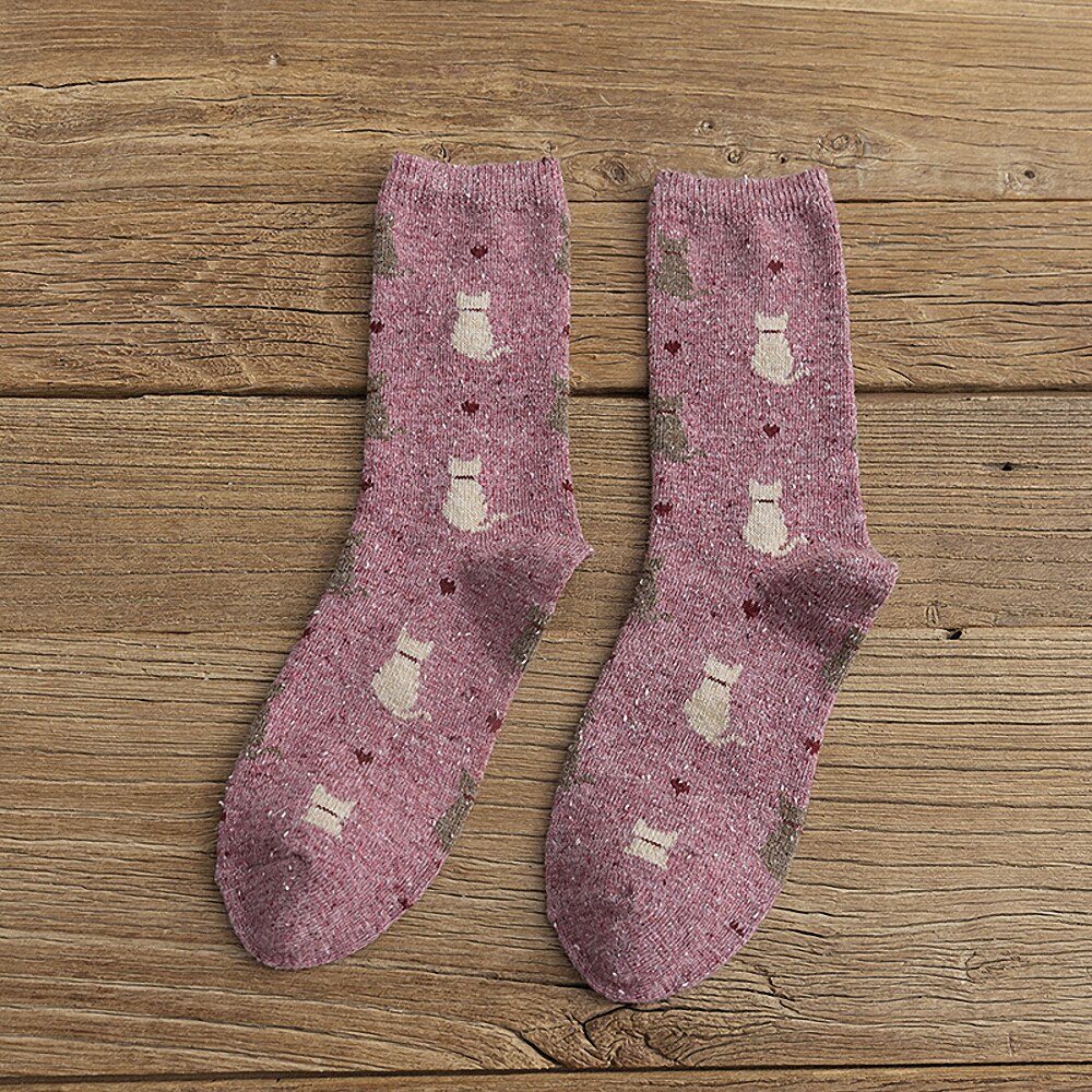 Calcetines con estampado de gato para mujer, medias de lana gruesa y suave con dibujos animados, accesorios de ropa cálidos para Otoño e Invierno: Rojo