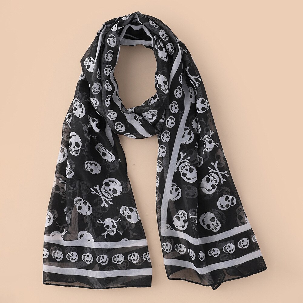 Black Chiffon Silk Feeling Skull Print Long Scarf Shawl Scaf Wrap For Women: black