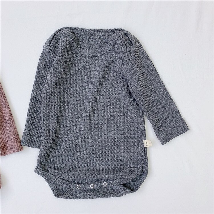 Efterår baby vaffel bodysuit tøj unisex bomuld langærmet o-hals solid jumpsuit drenge og piger småbørnetøj: 7793 grå / 9m 73cm