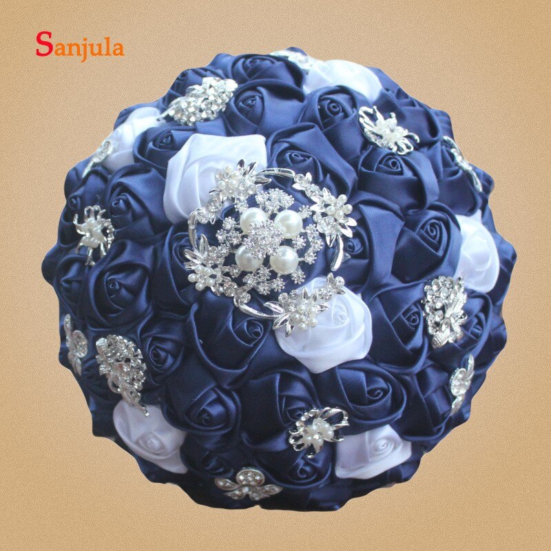Bouquet de mariée bleu marine et blanc fleurs en Satin perles perlées Bouquet de mariage attrayant gelin buketi WB18
