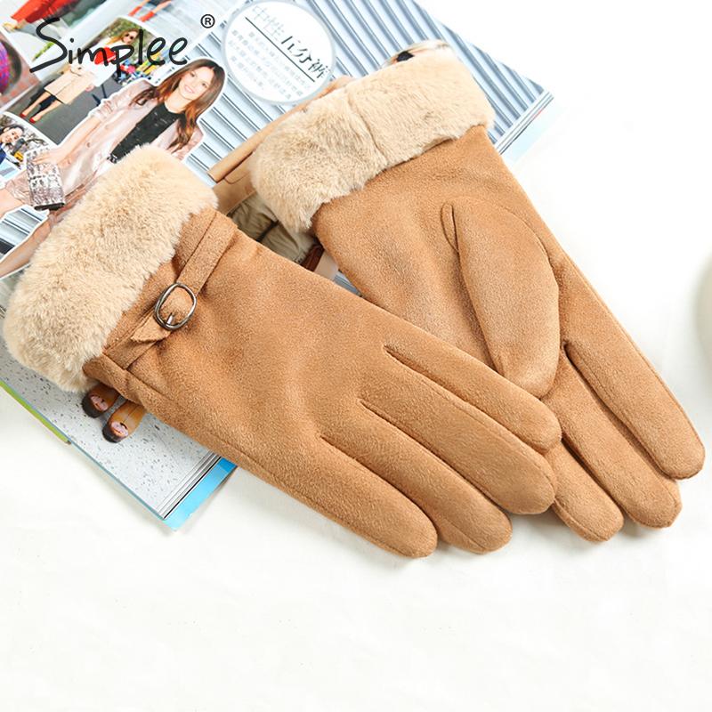 Simplee tyk ruskind vinterhandske kvinder fuldfinger vindtæt kvindelig varm pelshandske udendørs kørsel damer handsker vanter: Khaki