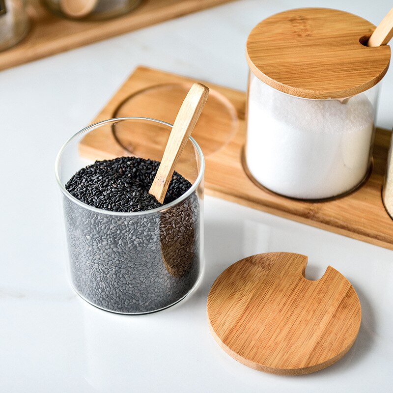 3 stk sett glass oppbevaringskrukke salt godteri kaker te kaffebønner arrangør flaske trelokk beholder krydder frokostblanding
