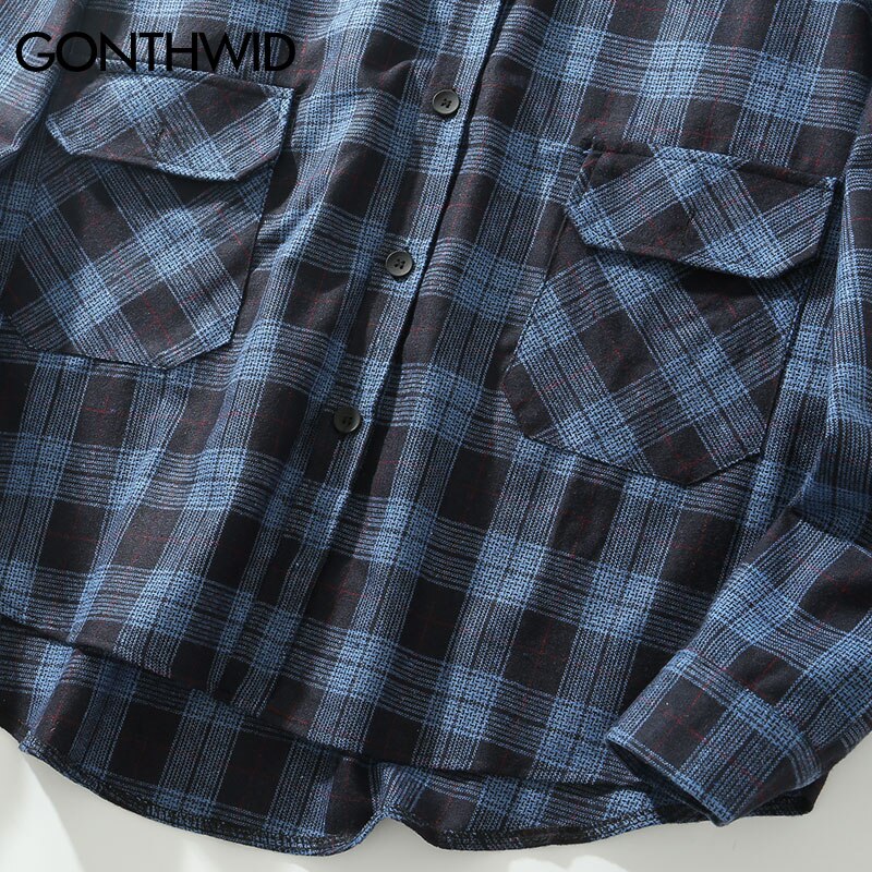 GONTHWID-camisas a cuadros de manga larga con bolsillos delanteros para hombre, ropa informal de Hip Hop, ropa de calle, camisas, abrigos, camisetas Harajuku