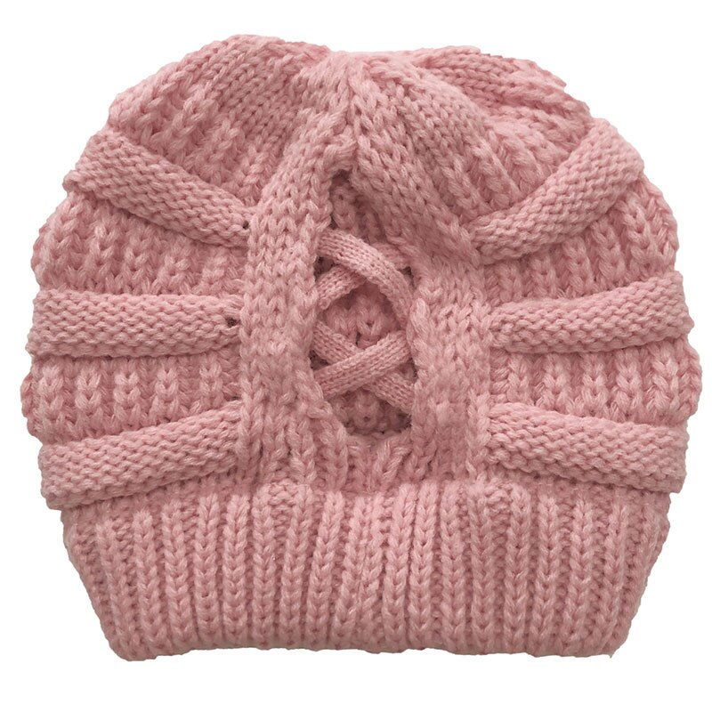 Volwassen Vrouwen Hoeden Wollen Gebreide Muts Herfst Winter Warm Skullcap Vrouwelijke Cross Paardenstaart Cap Skullies Mutsen: JY082-pink