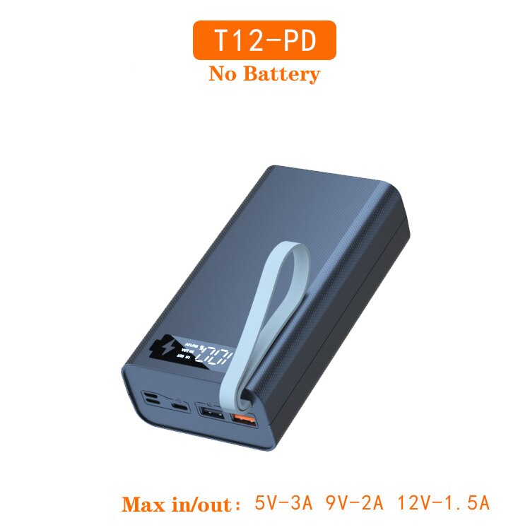 Powerbank-gehäuse mit push-pull-mechanismus, zwei usb-anschlüssen, digitalanzeige, kabellosem handy-ladegerät, diy-gehäuse für 12*18650 akkus: T12- pd-schwarz