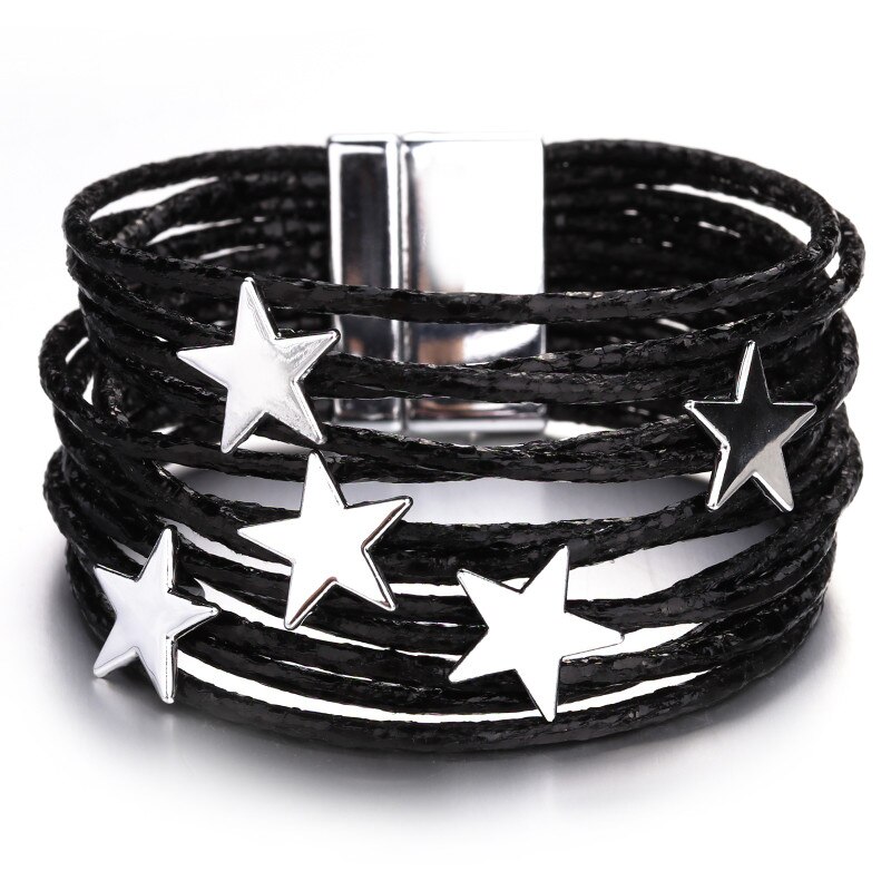 Allyes Bohemian Lederen Armbanden Voor Vrouwen Mode Pentagram Metalen Charm Boho Multilayer Wrap Armband Femme Sieraden: Black