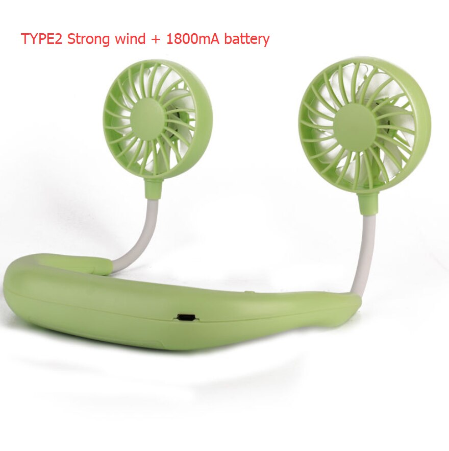 Mini USB Portable Fan Neck Fan Neckband With Rechargeable Battery Small Desk Fans handheld Air Cooler Light and Arama: Type2 Green