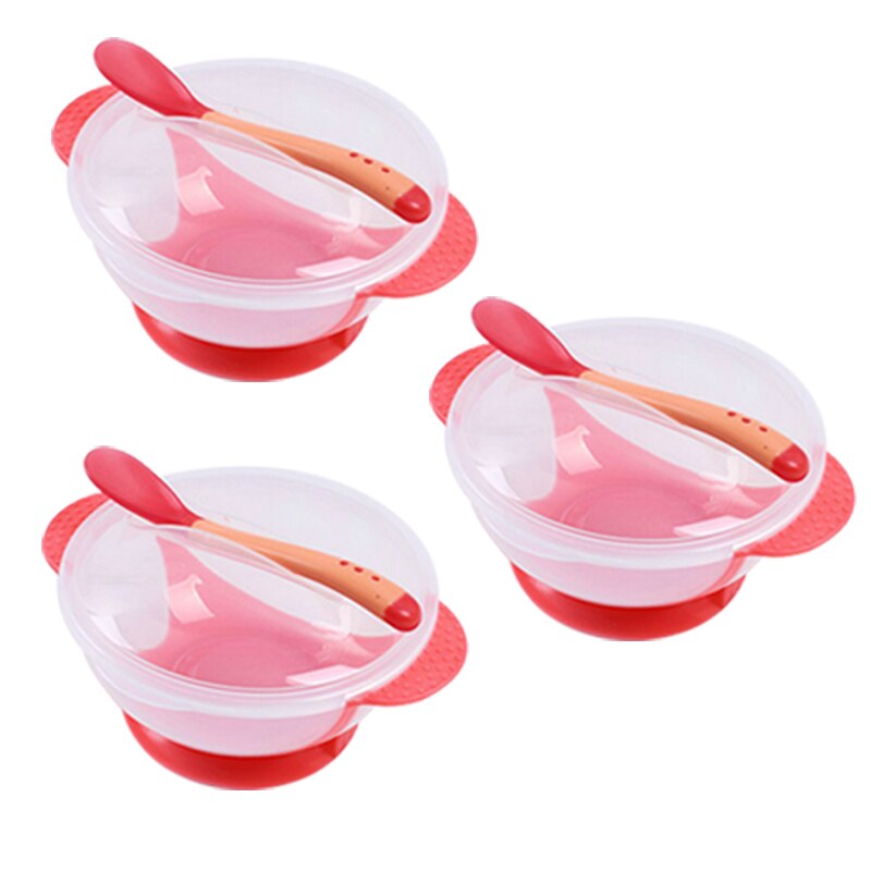 3set Temperature Sensing Feeding Spoon Child Tableware Food Bowl Learning Dishes Plate Suction Cup Baby Dinnerware Set: Red Cover