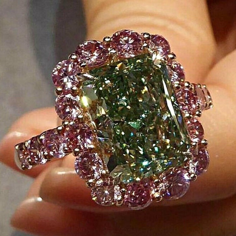 S925 prata grande anel de pedra verde para o casamento feminino jóias de prata rosa redondo zircônia cúbica anel bague femme anillos mujer: 10