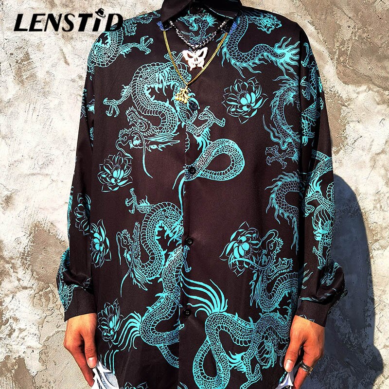 LENSTID Men Hip Hop Hawaiian Beach Shirt Dragon Lotus Print Harajuku Streetwear Casual Long Sleeve Oversize Aloha Shirts