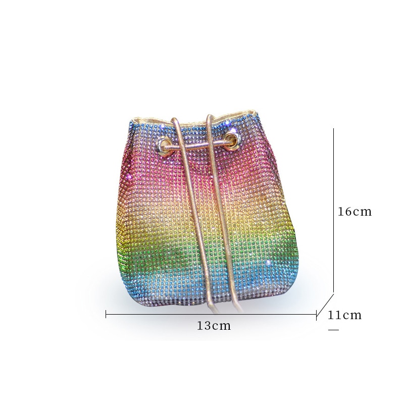 Crystal Bucket Bag for Women Multicolor Rhinestone rainbow Beaded Ladies Handbag Luxury Shoulder Bag