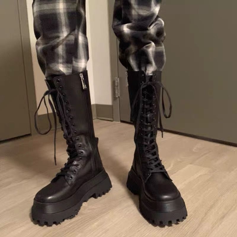 Plate-forme trapue en cuir pu genou bottes hautes femmes rétro Punk hauteur augmentant longues bottes femme à lacets chaussons Mujer
