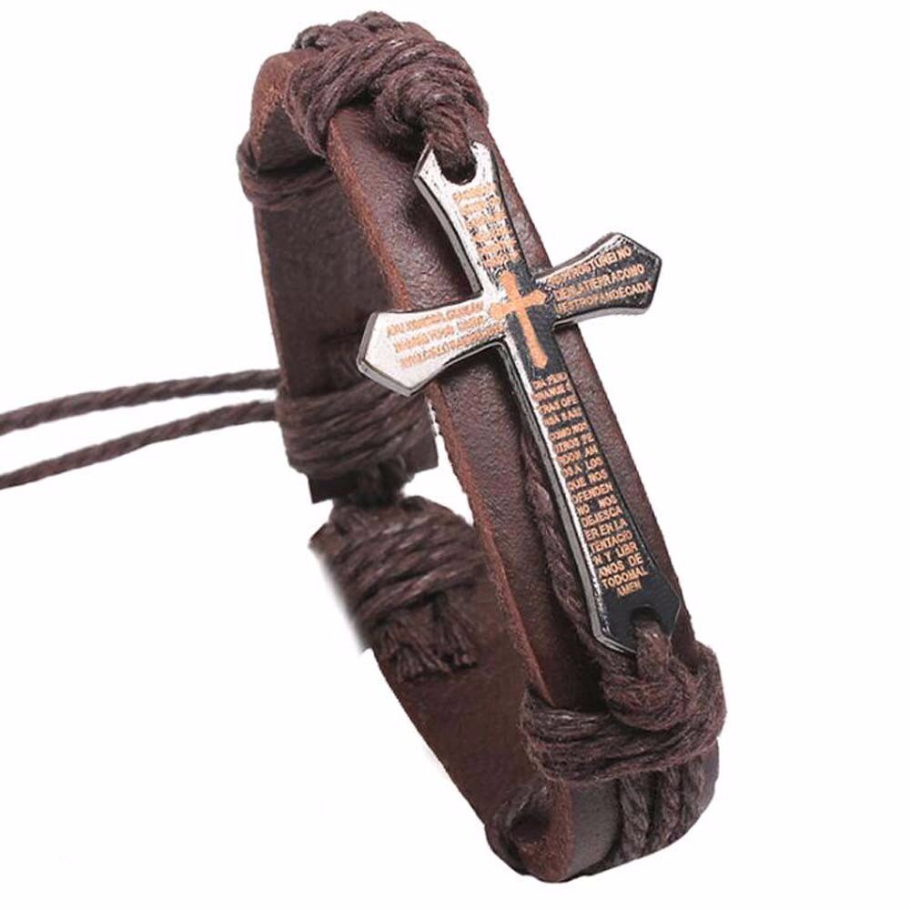 Neue Männer Frauen Schmuck Jahrgang Leder Armbänder &Ampere; Armreifen Metall Kreuz Jesus Charme Armbinde Einstellbar Wachs Schnur Armbinde