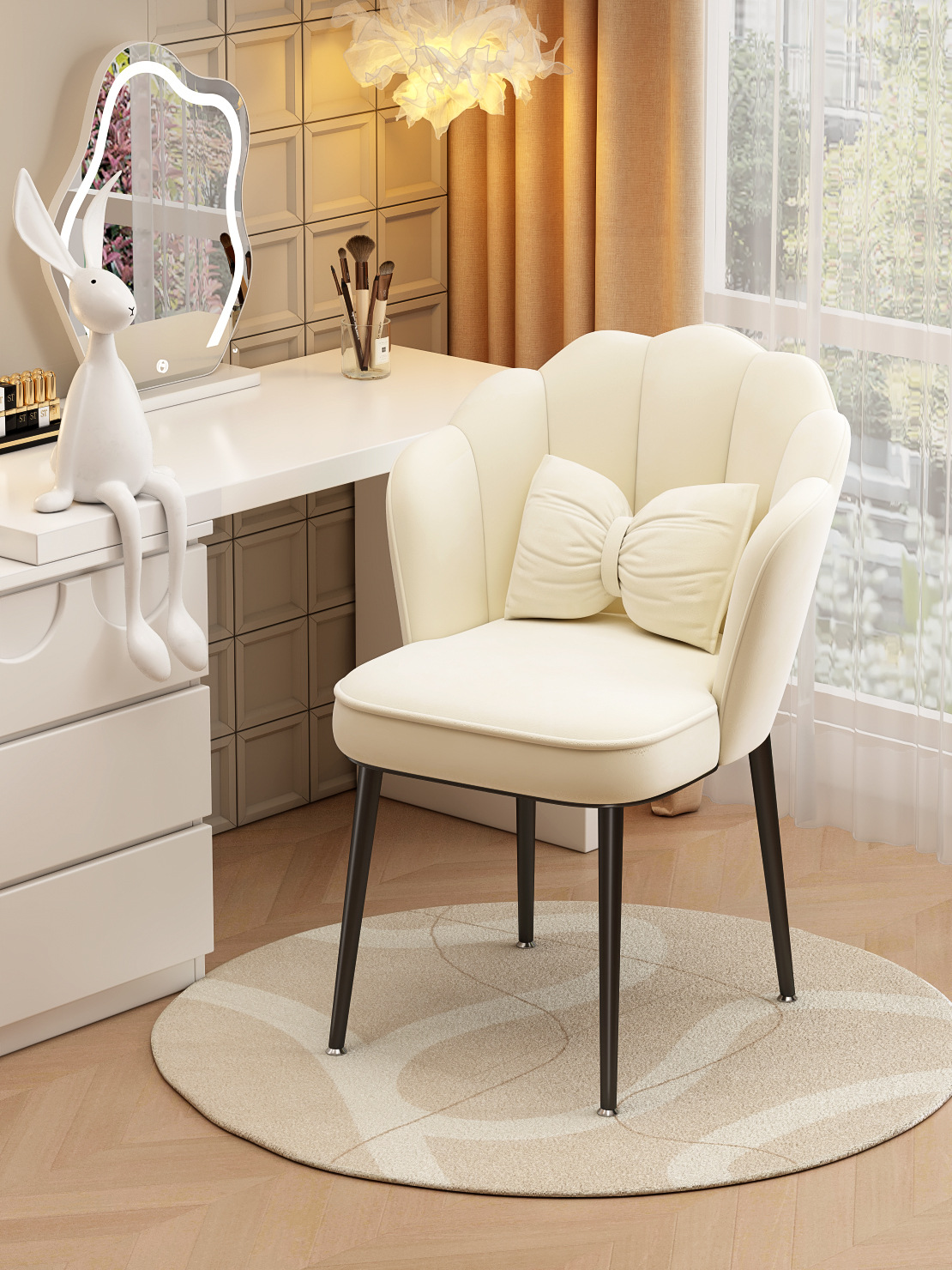 Warming Makeup Chair Velvet Accent Chair Shell Shape Vanity Chairs with Metal Legs Height Adjustable living room dining room: Rice White