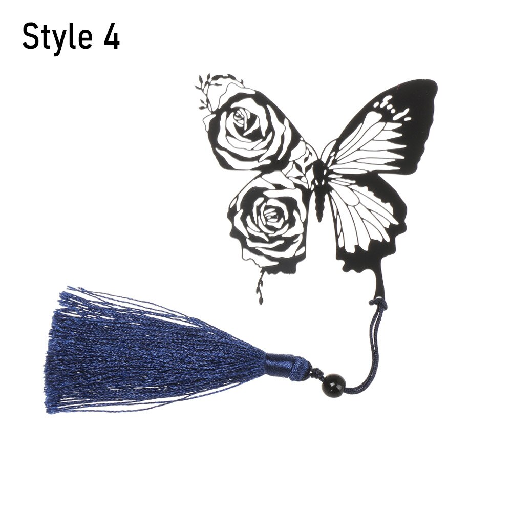 1PC Retro Brass Bookmark Tassel Pendant Butterfly Rose Book Clip Pagination Mark Stationery Student Cartoon Metal Bookmark: Style 4