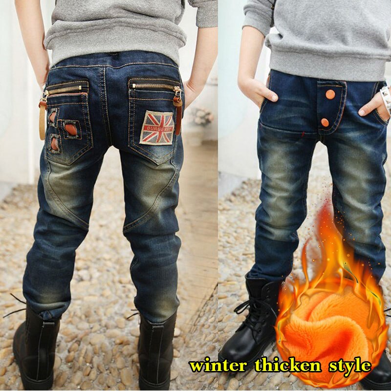 Spring Autumn Jeans For Boy Pants Kids Teenager Trousers Denim Warm Pants Children Korean Clothes: 825-blue-thick / 14T