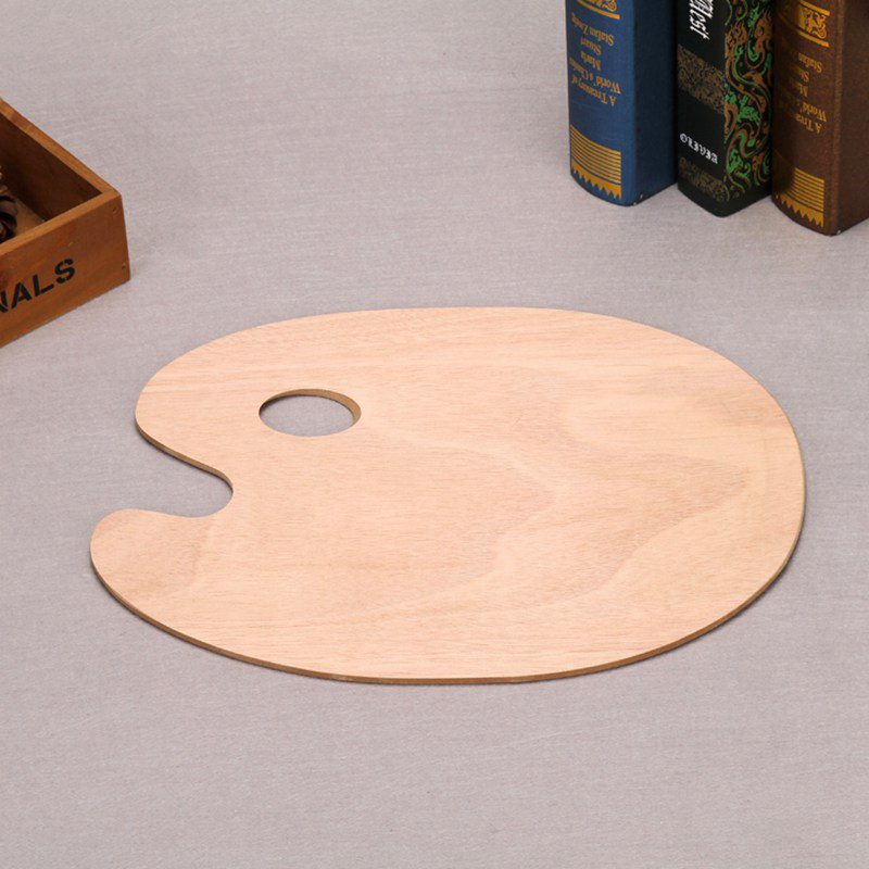 Wooden Smooth Paint Flat Tray With Thumb Hole Oval Artist Palette Pallet For Acrylic Watercolor Oil Painting Art Supplies
